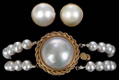 14kt. Mabe Pearl Double Strand Bracelet and Earrings