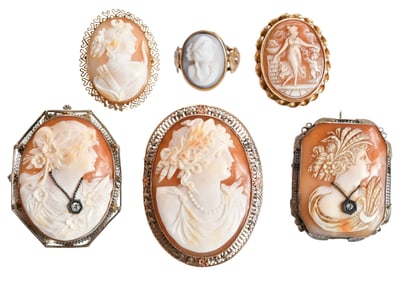 Five Victorian Cameo Brooches and Ring