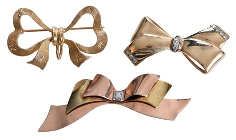 14kt. Bow Brooches, and Pendant - Collection of Three