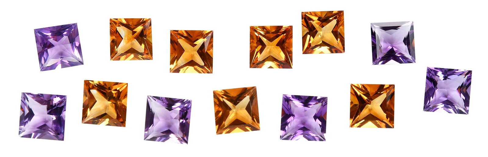 11 Large Loose Square Citrine and Amethyst Gemstones: seven square brilliant cut citrine, various color and size, approx. 12 x 12mm, 12.0-4.5ct.; six square brilliant cut amethyst, various color and size, approx. 14 x 14mm, 13.0-14.5ct. Provenance: Priva