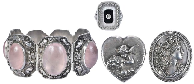 Two Sterling Brooches with Gemstone Ring and Bracelet