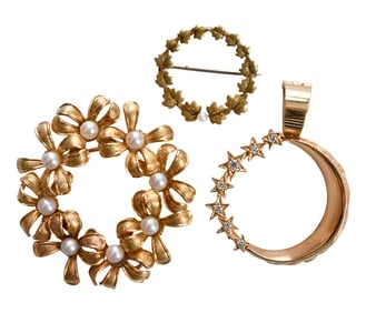 Three Gold Wreath Style Brooches and Pendant