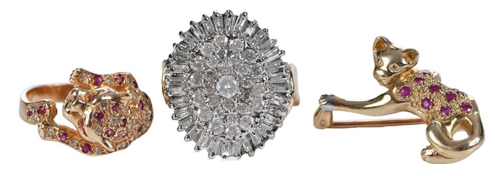 14kt. Leopard Ring, Matching Brooch, and 10kt. Diamond Cocktail Ring