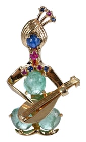 14kt. Musical Brooch with Sapphire, Emerald, and Ruby