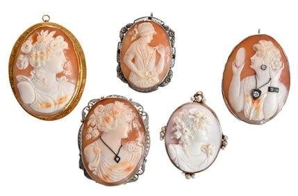 Five Victorian Cameo Brooch/Pendants