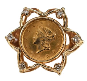 1853 Gold Dollar Coin Ring with Diamonds