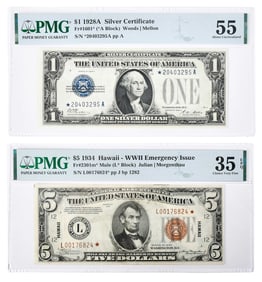 Two Graded Star Notes, Scarce Hawaii $5 included