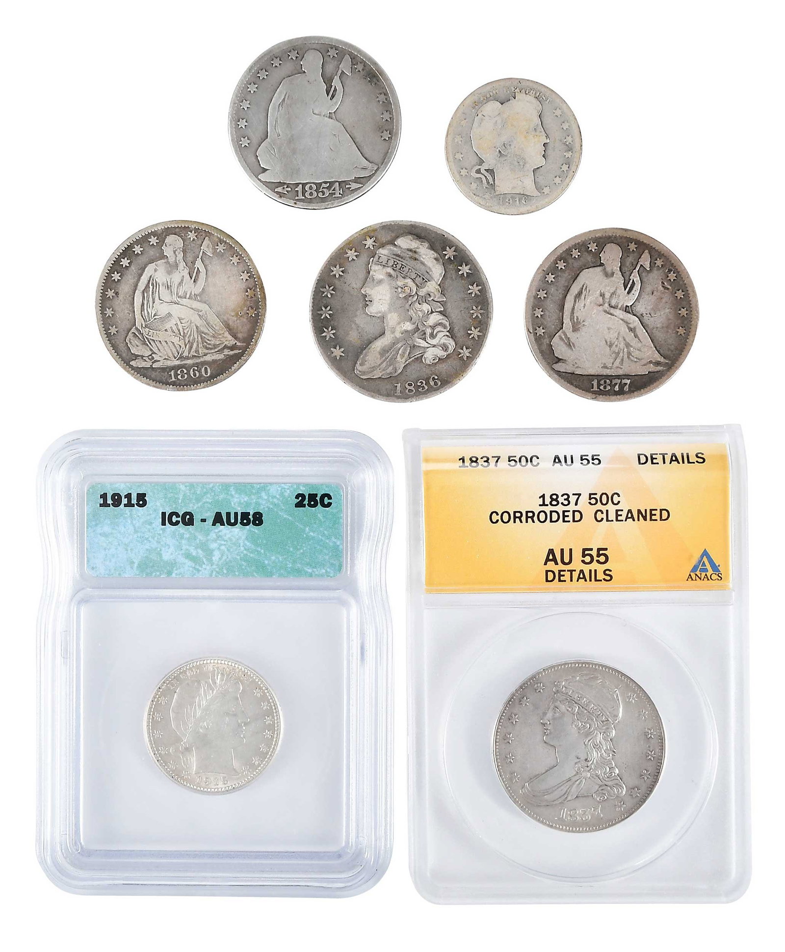 Group of Seven Quarter and Half Dollar Coins: Barber Quarters: 1915 (graded) and 1916; Capped Bust Half Dollars: 1836 and 1837 (graded); Seated Liberty Half Dollars: 1854, 1860-O, and 1877 Provenance: Private Collection