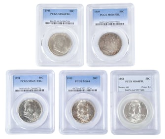 Five Graded Philadelphia Franklin Half Dollars, Most with Full Bell Lines