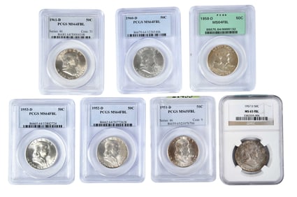 Seven Graded Denver Franklin Half Dollars, Full Bell Lines