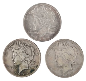 11 Peace Silver Dollars, including 1921