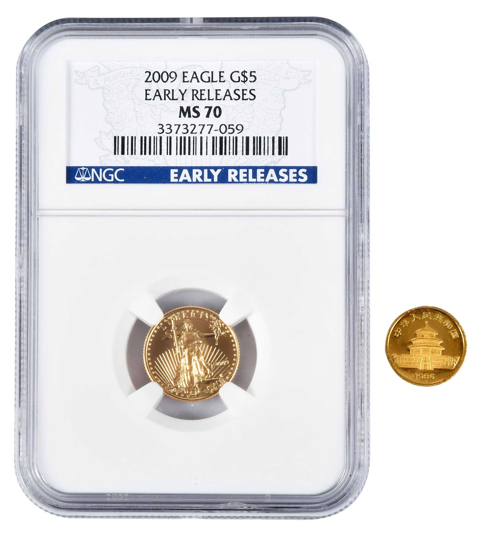 American Gold Eagle Tenth Ounce and Chinese Twentieth Ounce Gold Coins: 2009 American Gold Eagle tenth ounce coin; and 1985 Chinese Panda twentieth ounce coin Provenance: Private Collection