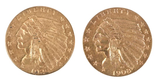 Two Indian Head $2-1/2 Quarter Eagle Gold Coins