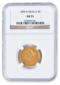 1850-D $5 Half Eagle Gold Coin, Dahlonega Mint