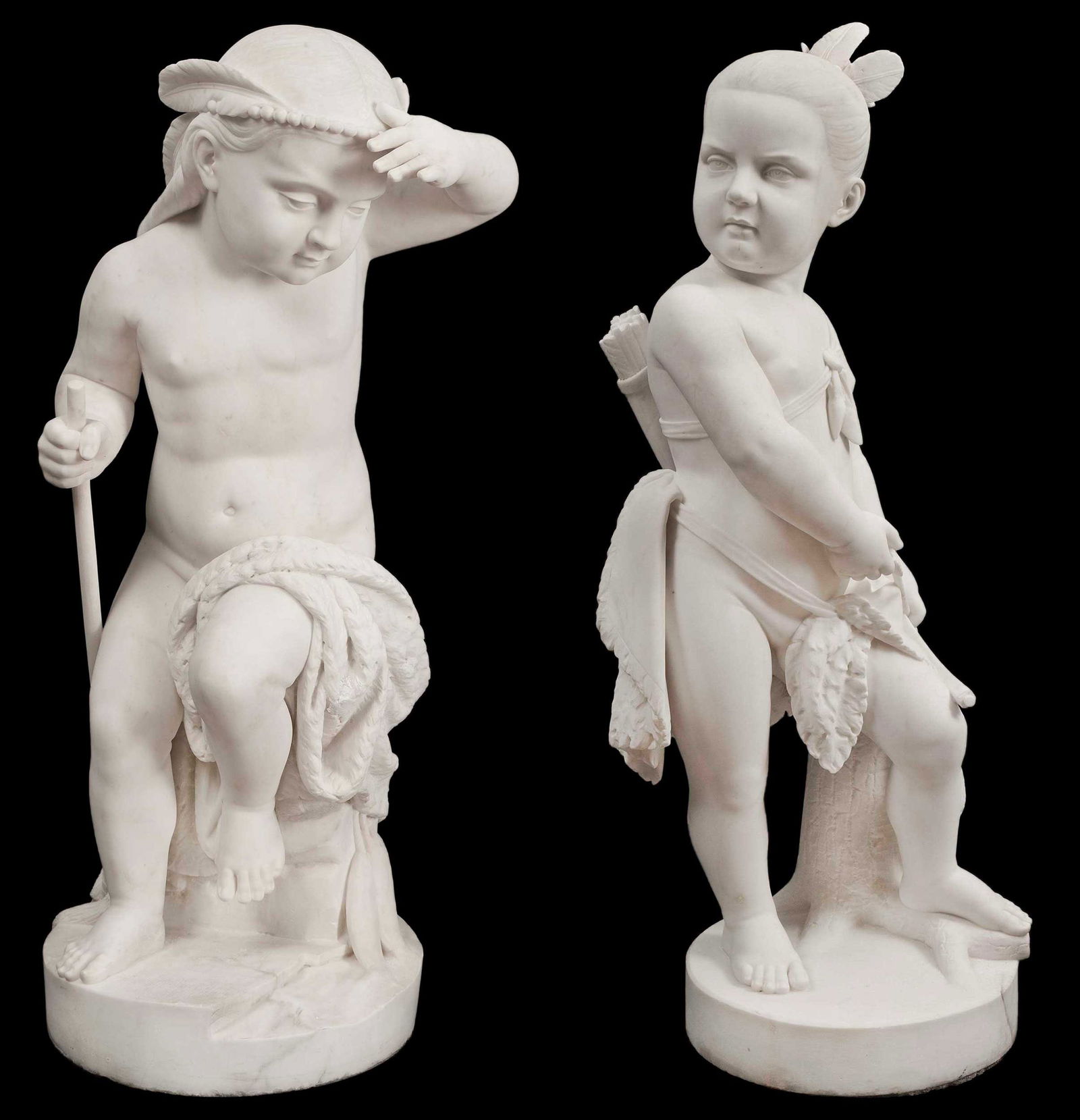Randolph John Rogers, A Pair of Native American Sculptures: (New York/Michigan, 1825-1892) Indian Fisher Girl; 34 x 18 x 13 in.; Indian Hunter Boy, 38-7/8 x 16 x 14 in., both signed at bottom "Randolph Rogers Rome", circa 1866, Ca
