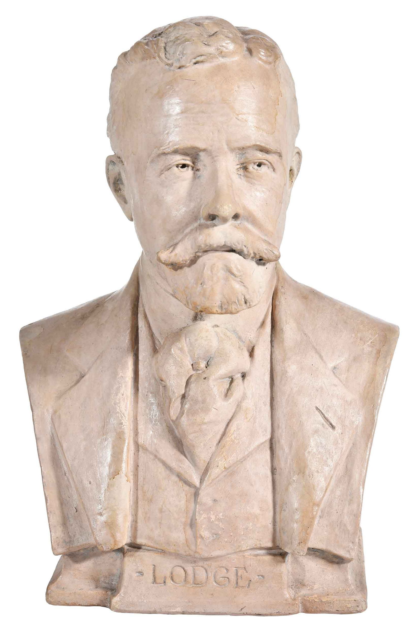William Clark Noble: (District of Columbia/Maine, 1858-1938) model bust of Henry Cabot Lodge, circa 1916, signed on truncation "circa 1916/ W. C. Noble/ Sc..", inscribed on base "Lodge", painted p