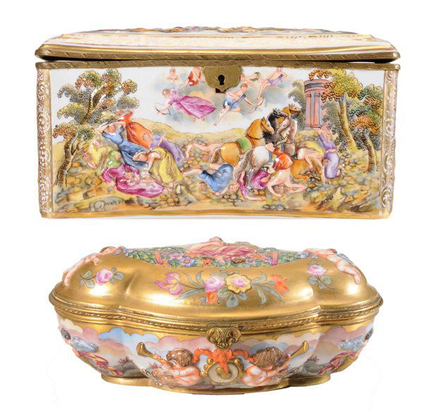 Two Capodimonte Porcelain Boxes: Continental, late 19th/early 20th century: one rectangular, gold crown-over-N mark, 10 in.; one cartouche-shaped, blue crown-over-N mark, 9 in., good condition. Provenance: Property of a Tennessee Col
