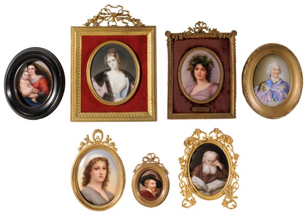 Seven Miniature Portraits on Ivory,: Porcelain Continental, 19th/20th century: six hand-painted on porcelain: Dutch gentleman, 1-3/4 x 1-3/8 in.; St. Jerome, 3 x 2-1/4 in.; Madonna and Child, 3 x 2-1/4 in.; Ruth, 3-1/4 x 2-1/2 in.; Hebe,
