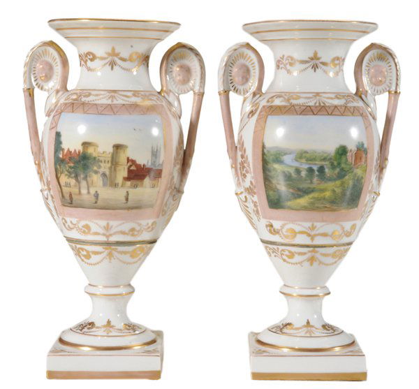 Pair English Gilt-Decorated Hand-: Painted Porcelain Epergnes 20th century, each with elaborate gilt decoration overall, applied handles, transfer landscapes depicting views from Richmond Hill and Canterbury Gate, square bases, 10-7/8