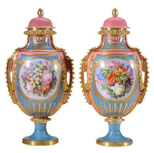 Pair Jacob Petit Porcelain Vases: French, 1830-1862, finely painted floral bouquets flanked by turquoise and pink borders with extensive gilt highlights, bases with "J [with dot above] P" marks in blue under glaze, 17-1/2 in., excelle