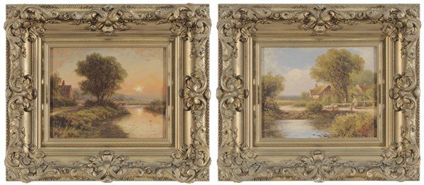 British School: (20th century) Pair of paintings: Landscapes with cottages, signed lower right "R. Fenson", oil on canvas, 8 x 10 in.; matching gilt wood and composition frames, original stretcher and tacking edge, c