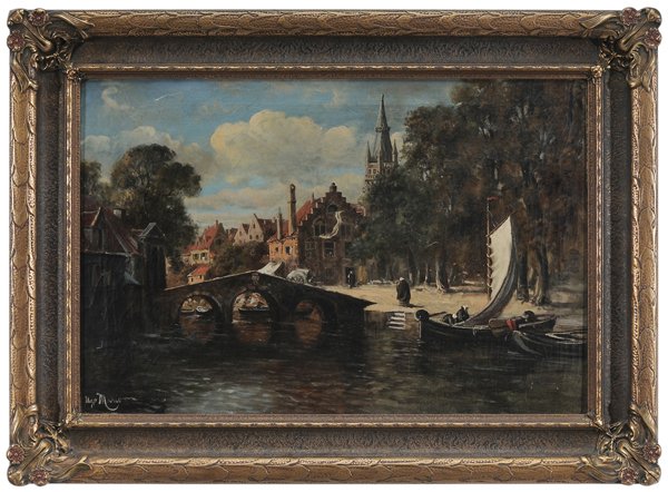 Ugo Mario: (Italian, 20th century) Canal Scene, signed lower left "Ugo Mario", oil on canvas, 19-3/4 x 30 in.; original painted wood and composition frame, original stretcher and tacking edge, crackle, cupping. 