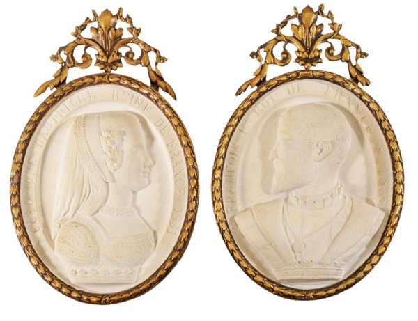 Pair French Composition Portrait: Plaques probably early 20th century: plaster with some gray-painted highlights, one "ER Roi de France.1515", one marked "Eleonore D'Autriche Reine de France.1531", one marked "Francois", oval 11-3/8 i
