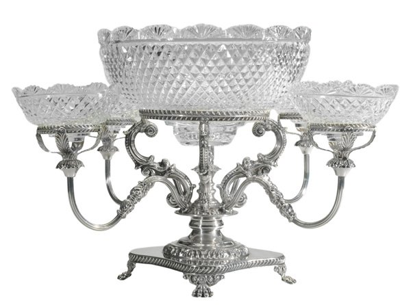 Silver-Plated Epergne: English, 20th century, scroll, acanthus and gadroon borders, paw feet, with molded glass inserts, marks for I. Freeman & Sons, no monogram, 12-3/4 in., good condition, minor loss to silver. Provenance