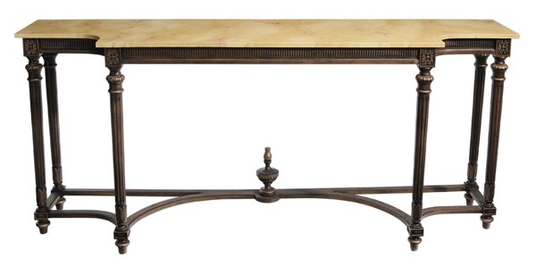Louis XVI Style Faux-Painted Pier: Table modern, faux Siena marble painted top over gold-painted frame with fluted legs and cross-stretchers, 37-1/2 x 84 x 20 in., excellent condition with very light surface wear. Provenance: Property 