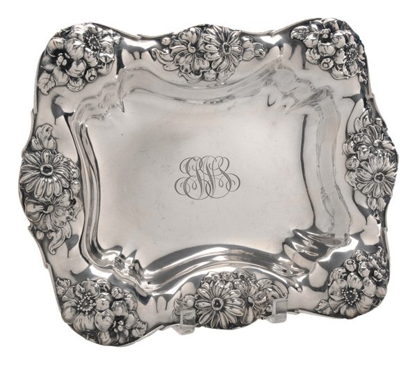 Black, Starr & Frost Sterling Floral: Bowl American, early 20th century, rectangular with high relief floral decoration, marks for Black, Starr & Frost (New York City), other partial mark, monogram, 36.25 oz.T., 15 x 11 in., scratches. Pr