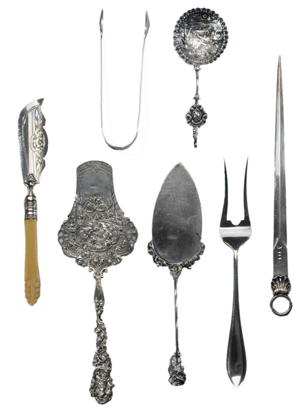 Seventeen Pieces English and Continental: Flatware including English silver meat skewer, marks for Wakely & Wheeler, London, 10 in.; English silver sugar tongs, gilt highlights, “Stratford on Avon”, 4-1/2 in.; English silver, Victorian ch