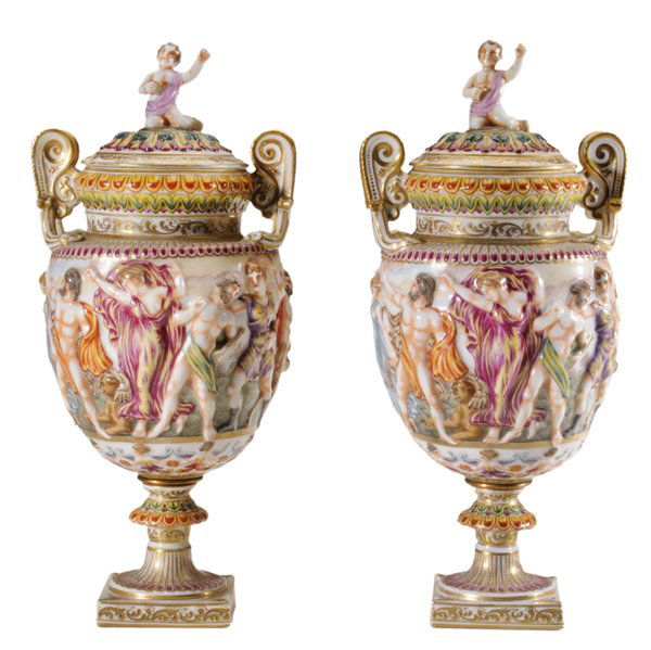 Pair Lidded Capodimonte Porcelain Urns: Continental, 20th century, 14-1/2 in., good condition. Provenance: Property of a Tennessee Collector