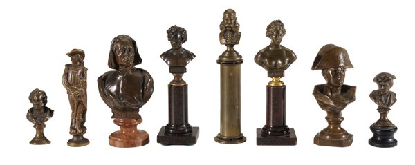 Eight Miniature Bronze Busts: Continental, 19th/20th century: Napoleon, Beethoven, Liszt, Venus, with marble, Lucite, and wooden bases, 2-7/8 in. to 4-7/8 in. including bases, all in good condition. Provenance: Property of a Tenne