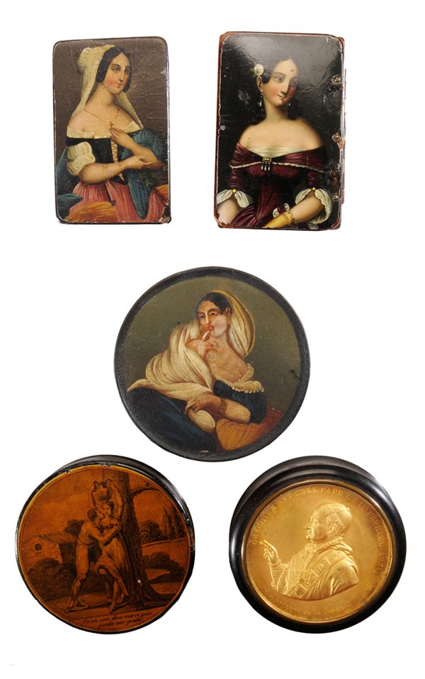 Five Dresser Boxes: Continental, 19th and 20th century, mixed origins, several hand-painted: trinket or snuff boxes: three circular, one French commemorating Pope Gregory XVI, dated 1831, raised gilt cameo of the figure,