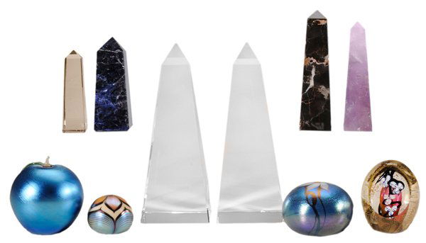 Collection Six Obelisks, Four Art: Glass Paperweights 20th century, mixed origins, six glass and stone obelisks: two clear glass and one amethyst glass, [small chips;] one [lapis lazuli,] [small chips;] one smoky quarts, [good conditio