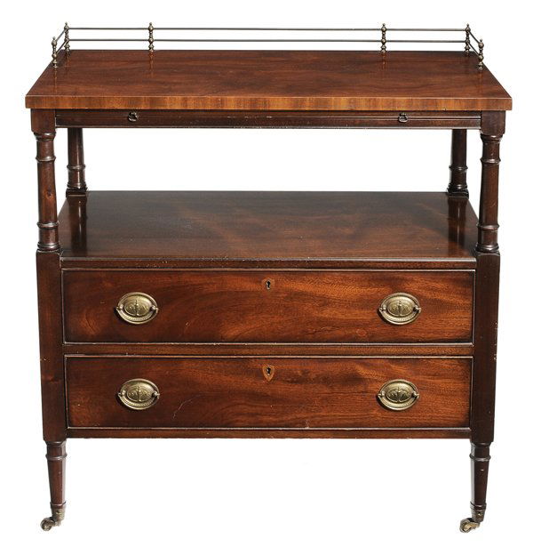 Kittinger Regency Style Mahogany: Server mid 20th century, branded Kittinger Buffalo signature, figured veneers with brass gallery and two long drawers, bottom drawer fitted with cutlery tray, inlaid shield escutcheons, turned legs on