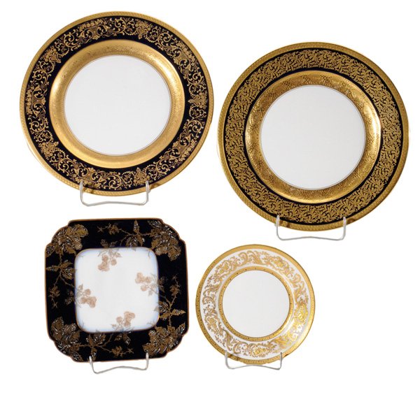 Thirty-Three Gilt-Decorated Plates: eight "Old Ivory" by Syracuse China, 10-1/2 in., [one with chip;] seven Royal Bavarian with elaborate cobalt and gilt borders, 10-3/4 in.; four Rosenthal with elaborate cobalt and gilt borders, 10-1/2