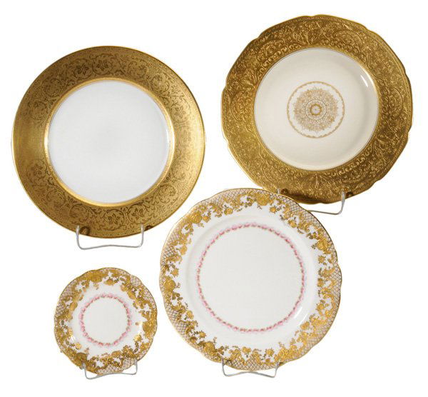 Thirty-Three Gilt-Decorated Plates: English and German, 20th century: eleven with broad band of gilt decoration, marked "Pickard Selb Bavaria", German, 10-3/4 in.; sixteen pieces Hammersley, borders with gilt decoration and band of pink