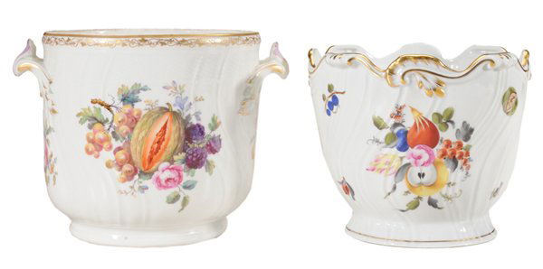 Two Hand-Painted Porcelain Planters: Continental: each with hand-painted floral decoration and gilt highlights, one with open shell handles, red-printed KPM marks and blue scepter mark for Berlin, Germany, 6-3/4 in.; one with swirled bod