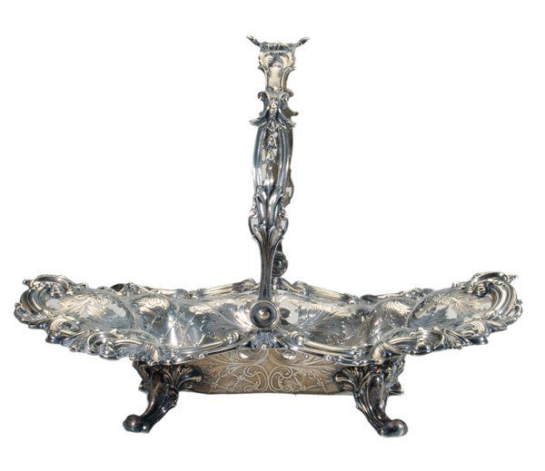 Sterling Basket: American, 20th century, oval with openwork rim, applied scroll and bellflower decoration, footed, maker Frank Smith Silver Co. (Gardner, Massachusetts, 1886-1958), retailer Bigelow, Kennard & Co. (Bos