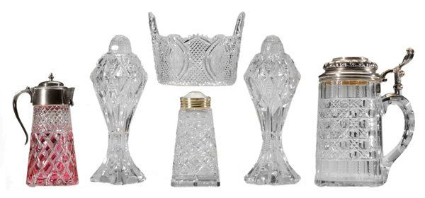Six Cut Glass Accessories: American and Continental, late 19th/early 20th century: ice tub with intaglio thistles flanked by diamond crosshatch, 4-1/8 in.; lidded tankard, Continental .800 silver lid and thumbpiece, lid with pr