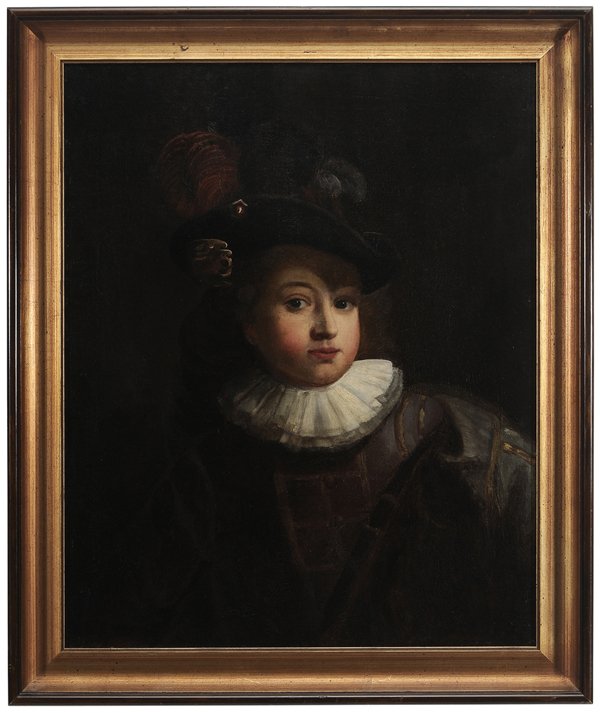 Dutch School: (19th century) Portrait of a Boy in a Feathered Cap, unsigned, oil on canvas, 26 x 21 in.; modern gilt wood frame, lined, crackle, retouch in hat, collar and at small points bottom. Provenance: Proper