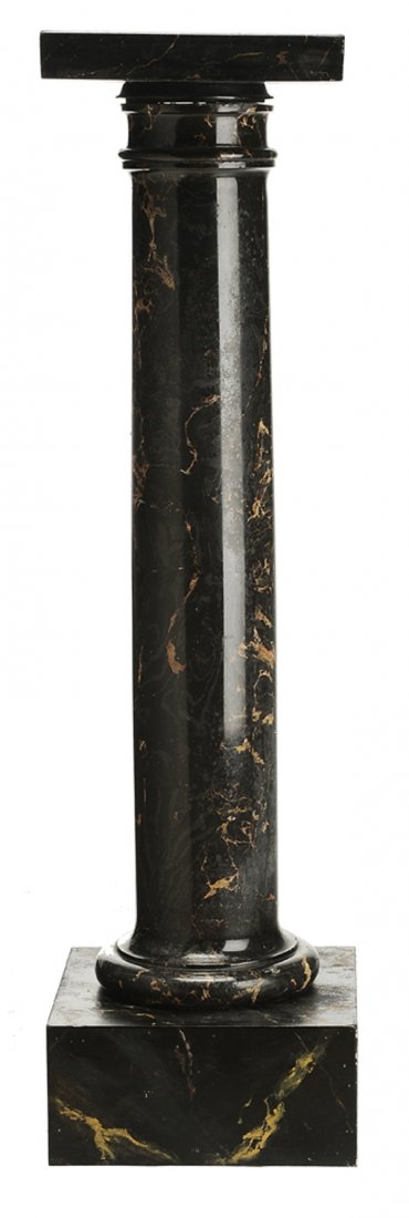 "Egyptian" Concrete and Faux-Painted: Column-Form Pedestal early 20th century, rotating square top on column-form support and faux-painted wooden square base, 46-1/2 x 13 in., [marble top with varnish losses and surface pitting, some mino