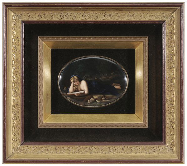 Berlin KPM Porcelain: Plaque late 19th/early 20th century, Mary Magdalene Reading in a Landscape, after Correggio, with retailer's stamp verso for "Ernst Amolo/Dresden", stamped "KPM", "3" and "H", hand-painted porcelain,