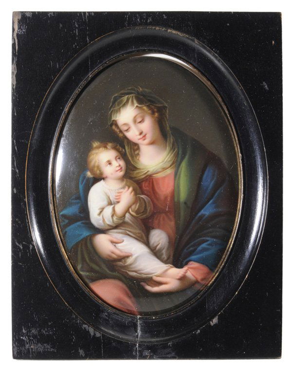 Berlin (KPM) Porcelain Plaque: (early 20th century) Madonna and Child, KPM stamp verso with three hash marks, L. Moller retailer label verso, hand-painted porcelain, 7 x 5 in.; black lacquer frame, scratch on red portion of robe wi