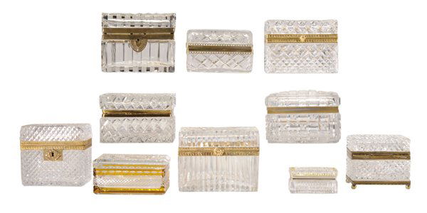 Ten Cut Glass Rectangular Dresser: Boxes French, 19th/20th century, gilt brass mounts, one with panels of amber cut-to-clear intaglio decoration, 3-1/4 in. to 5-1/2 in., several with very minor surface flaws, otherwise all in good cond