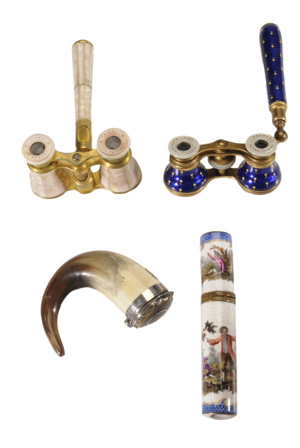 Four Objects of [Virtu,] Opera: Glasses, Snuff Mull, Perfume British or Continental, 19th/20th century: hand-painted porcelain perfume with brass interior, 5-3/4 in., [slight surface crazing, lid loose;] horn snuff mull with silver-