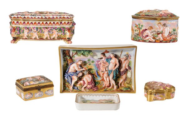 Six Pieces Capodimonte Porcelain: Continental, 20th century: four lidded boxes, oval, rectangular and cartouche shaped, 3-1/4 in. to 7-1/2 in. wide; plaque, 5 x 8-1/4 in.; small dish, 4-1/4 in., all with crown-over-N marks, all in goo
