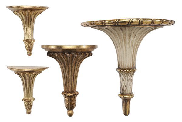 Four Gilt Composition Brackets: Italian, 20th century, all demilune with fluted bodies, 18-1/2 in., 14-1/2 in., pair 9-1/2 in., minor losses to gilt highlights, otherwise good condition. Provenance: Property of a Tennessee Collector