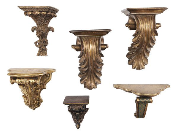 Six Wood and Composition Brackets: Italian, 20th century, 9-1/2 in. to 6 in. in height, some with losses to gilt highlights. Provenance: Property of a Tennessee Collector